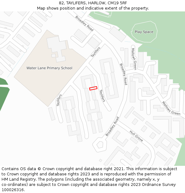 82, TAYLIFERS, HARLOW, CM19 5RF: Location map and indicative extent of plot