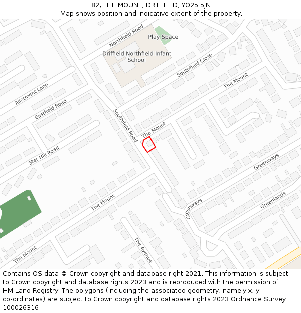 82, THE MOUNT, DRIFFIELD, YO25 5JN: Location map and indicative extent of plot