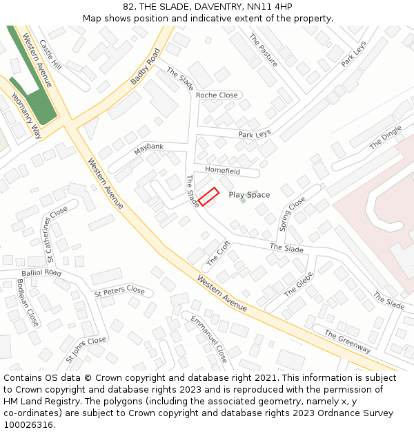 82, THE SLADE, DAVENTRY, NN11 4HP: Location map and indicative extent of plot