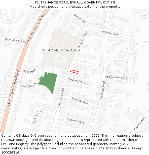 82, TRENANCE ROAD, EXHALL, COVENTRY, CV7 9FJ: Location map and indicative extent of plot