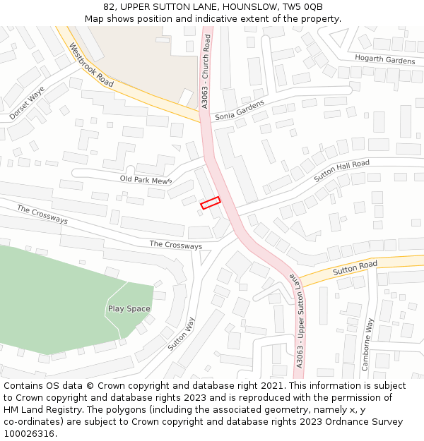 82, UPPER SUTTON LANE, HOUNSLOW, TW5 0QB: Location map and indicative extent of plot
