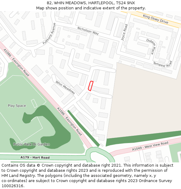82, WHIN MEADOWS, HARTLEPOOL, TS24 9NX: Location map and indicative extent of plot