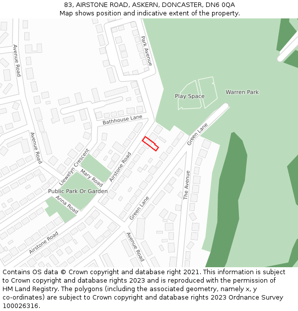 83, AIRSTONE ROAD, ASKERN, DONCASTER, DN6 0QA: Location map and indicative extent of plot