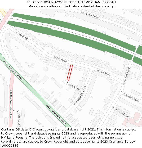 83, ARDEN ROAD, ACOCKS GREEN, BIRMINGHAM, B27 6AH: Location map and indicative extent of plot