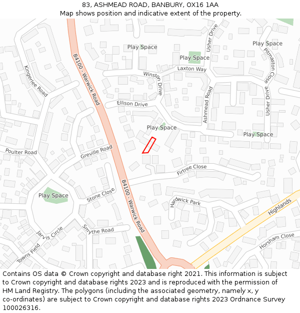 83, ASHMEAD ROAD, BANBURY, OX16 1AA: Location map and indicative extent of plot