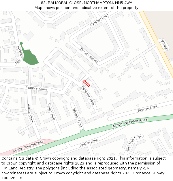 83, BALMORAL CLOSE, NORTHAMPTON, NN5 4WA: Location map and indicative extent of plot