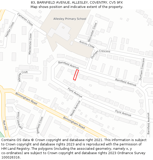 83, BARNFIELD AVENUE, ALLESLEY, COVENTRY, CV5 9FX: Location map and indicative extent of plot