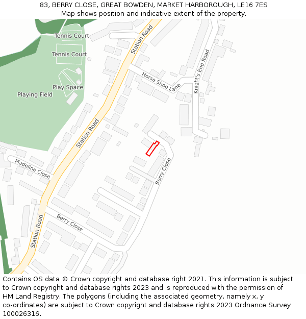 83, BERRY CLOSE, GREAT BOWDEN, MARKET HARBOROUGH, LE16 7ES: Location map and indicative extent of plot