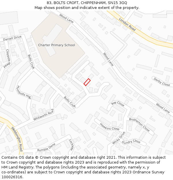 83, BOLTS CROFT, CHIPPENHAM, SN15 3GQ: Location map and indicative extent of plot