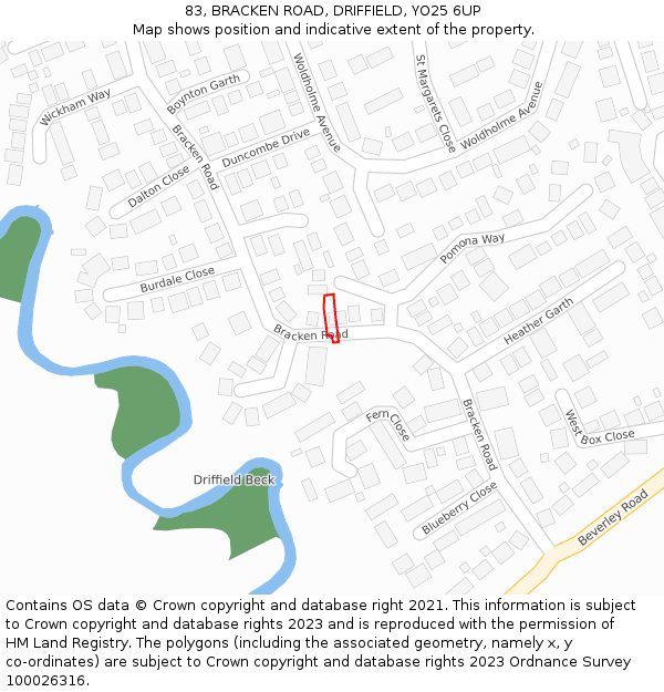 83, BRACKEN ROAD, DRIFFIELD, YO25 6UP: Location map and indicative extent of plot