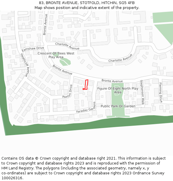 83, BRONTE AVENUE, STOTFOLD, HITCHIN, SG5 4FB: Location map and indicative extent of plot