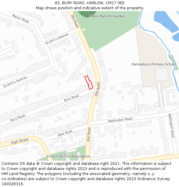 83, BURY ROAD, HARLOW, CM17 0EE: Location map and indicative extent of plot