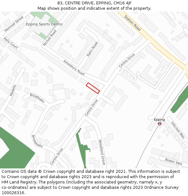 83, CENTRE DRIVE, EPPING, CM16 4JF: Location map and indicative extent of plot