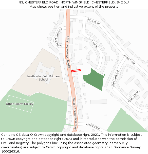 83, CHESTERFIELD ROAD, NORTH WINGFIELD, CHESTERFIELD, S42 5LF: Location map and indicative extent of plot