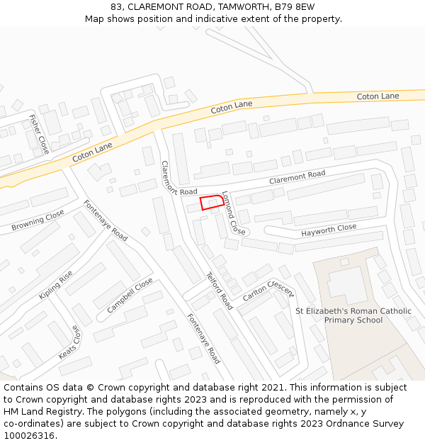 83, CLAREMONT ROAD, TAMWORTH, B79 8EW: Location map and indicative extent of plot