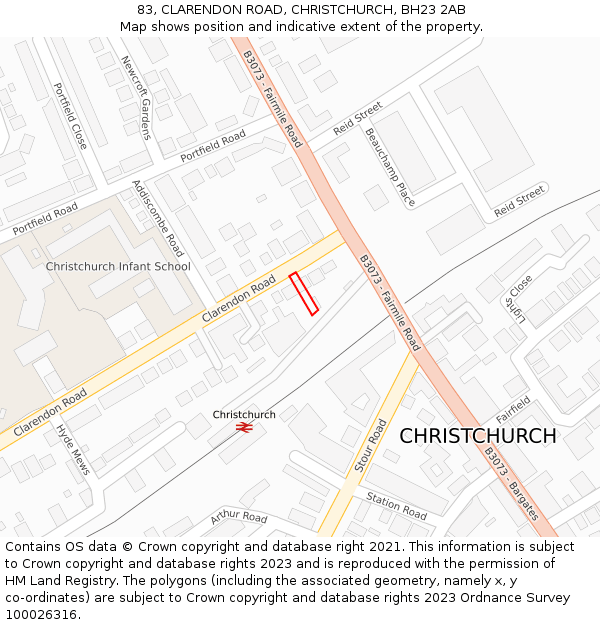 83, CLARENDON ROAD, CHRISTCHURCH, BH23 2AB: Location map and indicative extent of plot