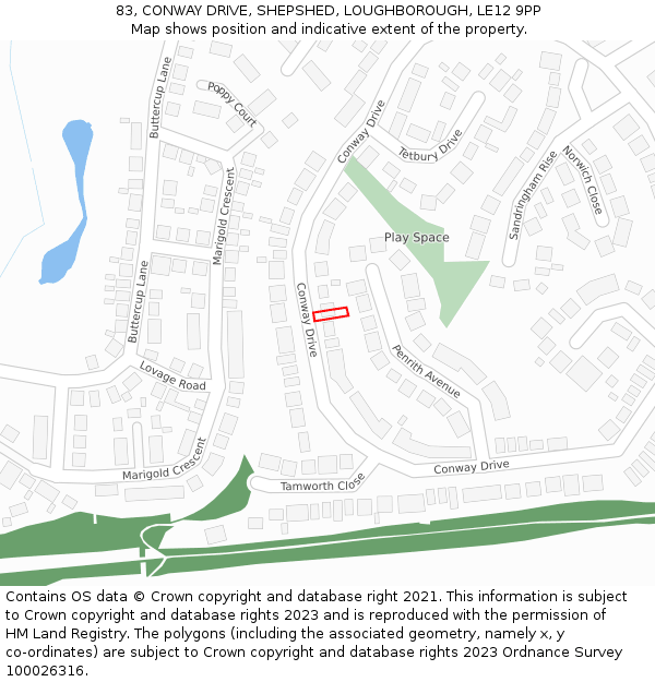 83, CONWAY DRIVE, SHEPSHED, LOUGHBOROUGH, LE12 9PP: Location map and indicative extent of plot