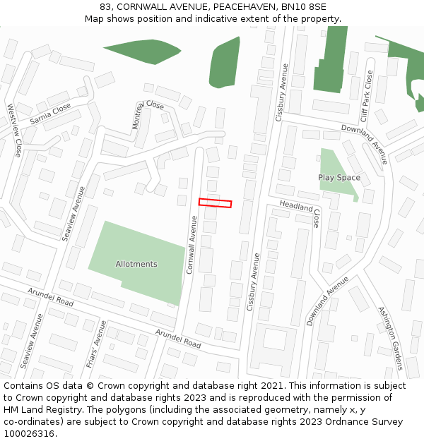 83, CORNWALL AVENUE, PEACEHAVEN, BN10 8SE: Location map and indicative extent of plot