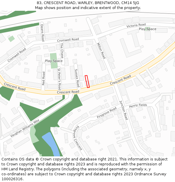 83, CRESCENT ROAD, WARLEY, BRENTWOOD, CM14 5JG: Location map and indicative extent of plot