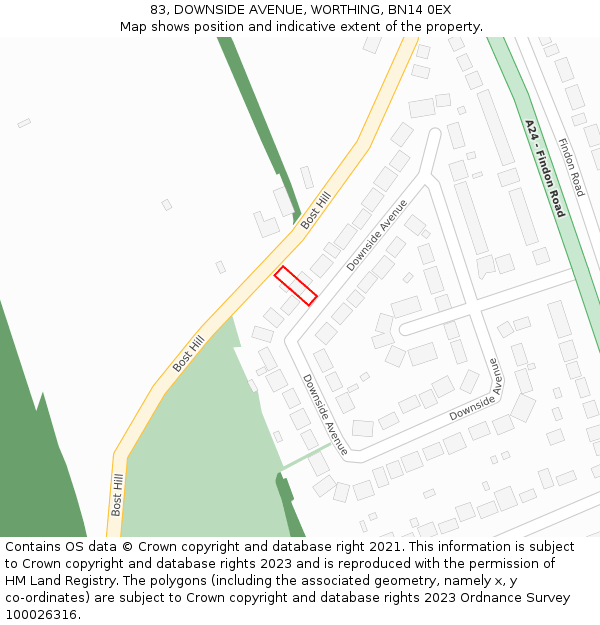 83, DOWNSIDE AVENUE, WORTHING, BN14 0EX: Location map and indicative extent of plot