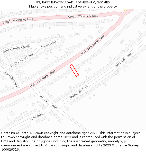 83, EAST BAWTRY ROAD, ROTHERHAM, S60 4BX: Location map and indicative extent of plot