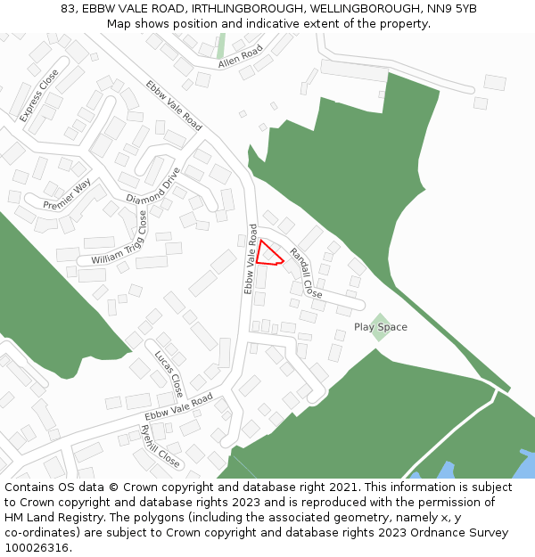 83, EBBW VALE ROAD, IRTHLINGBOROUGH, WELLINGBOROUGH, NN9 5YB: Location map and indicative extent of plot