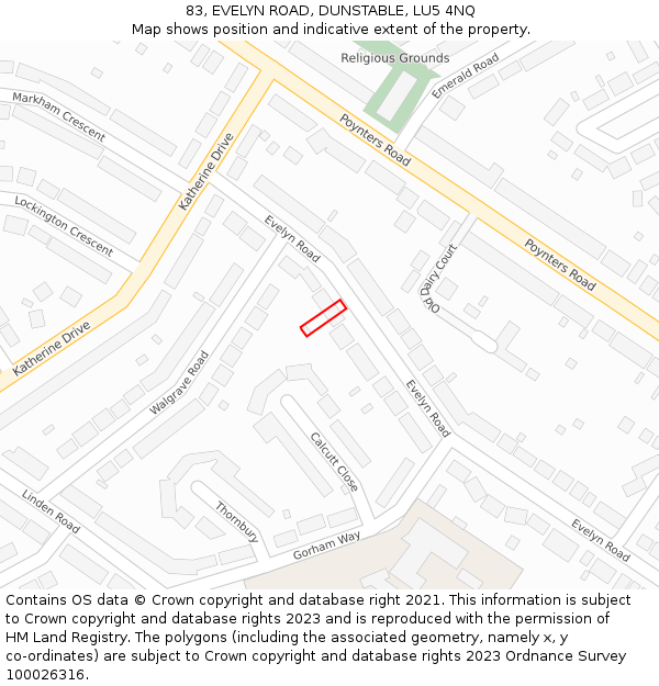 83, EVELYN ROAD, DUNSTABLE, LU5 4NQ: Location map and indicative extent of plot