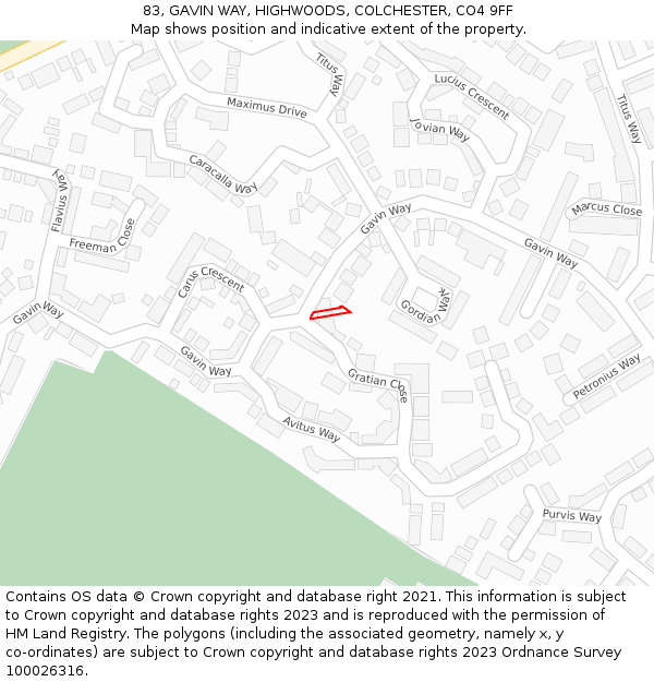 83, GAVIN WAY, HIGHWOODS, COLCHESTER, CO4 9FF: Location map and indicative extent of plot