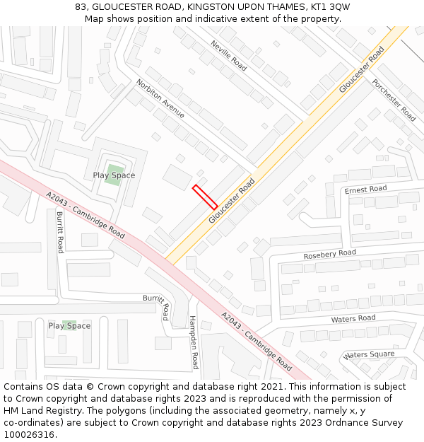 83, GLOUCESTER ROAD, KINGSTON UPON THAMES, KT1 3QW: Location map and indicative extent of plot