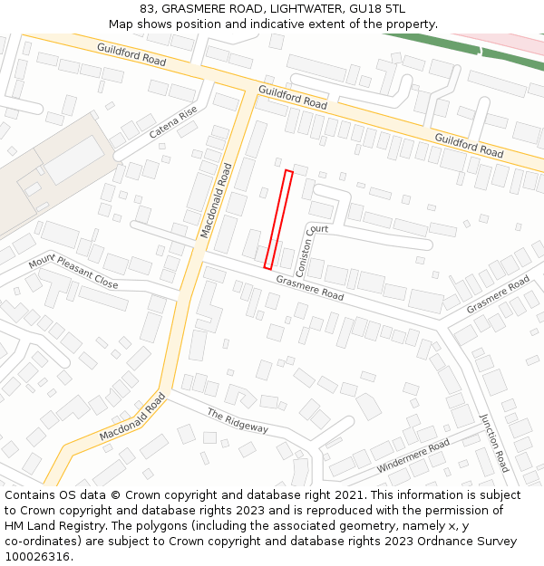 83, GRASMERE ROAD, LIGHTWATER, GU18 5TL: Location map and indicative extent of plot