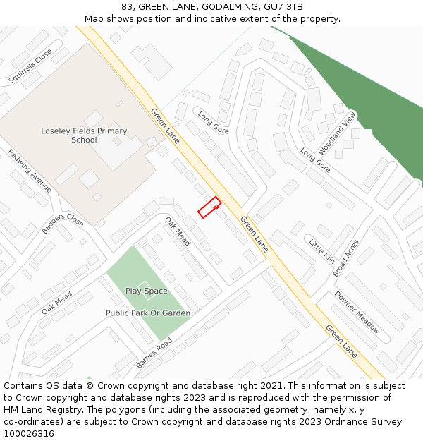 83, GREEN LANE, GODALMING, GU7 3TB: Location map and indicative extent of plot