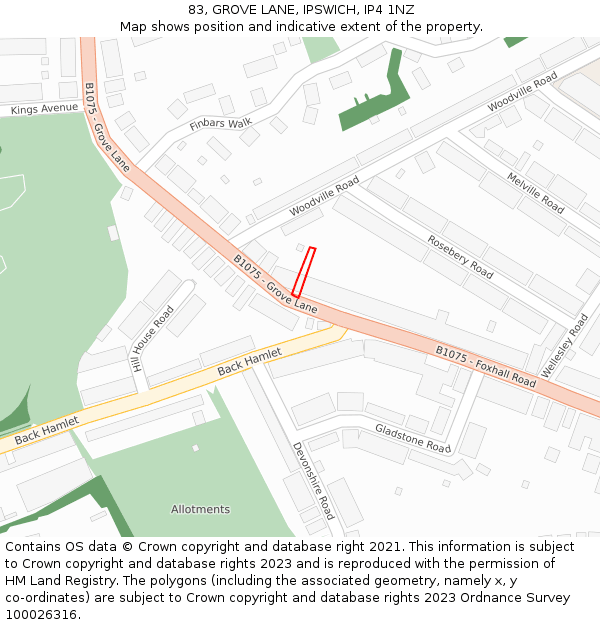 83, GROVE LANE, IPSWICH, IP4 1NZ: Location map and indicative extent of plot