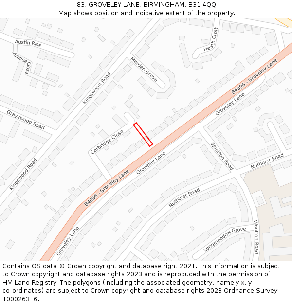 83, GROVELEY LANE, BIRMINGHAM, B31 4QQ: Location map and indicative extent of plot