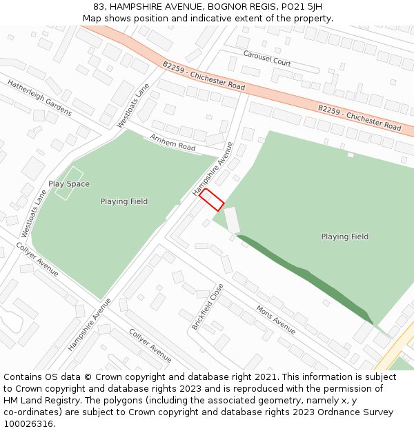 83, HAMPSHIRE AVENUE, BOGNOR REGIS, PO21 5JH: Location map and indicative extent of plot