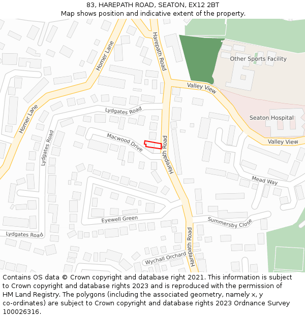 83, HAREPATH ROAD, SEATON, EX12 2BT: Location map and indicative extent of plot