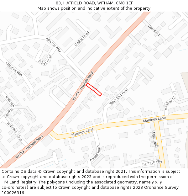 83, HATFIELD ROAD, WITHAM, CM8 1EF: Location map and indicative extent of plot