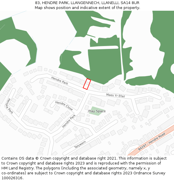 83, HENDRE PARK, LLANGENNECH, LLANELLI, SA14 8UR: Location map and indicative extent of plot