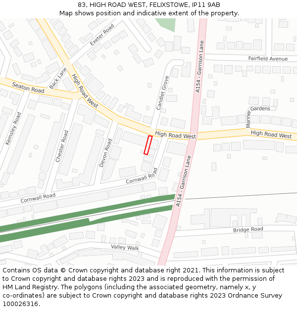 83, HIGH ROAD WEST, FELIXSTOWE, IP11 9AB: Location map and indicative extent of plot