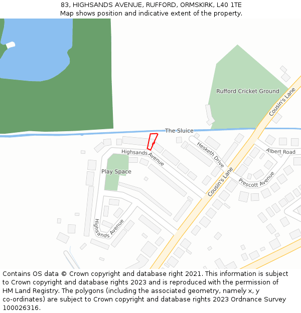 83, HIGHSANDS AVENUE, RUFFORD, ORMSKIRK, L40 1TE: Location map and indicative extent of plot