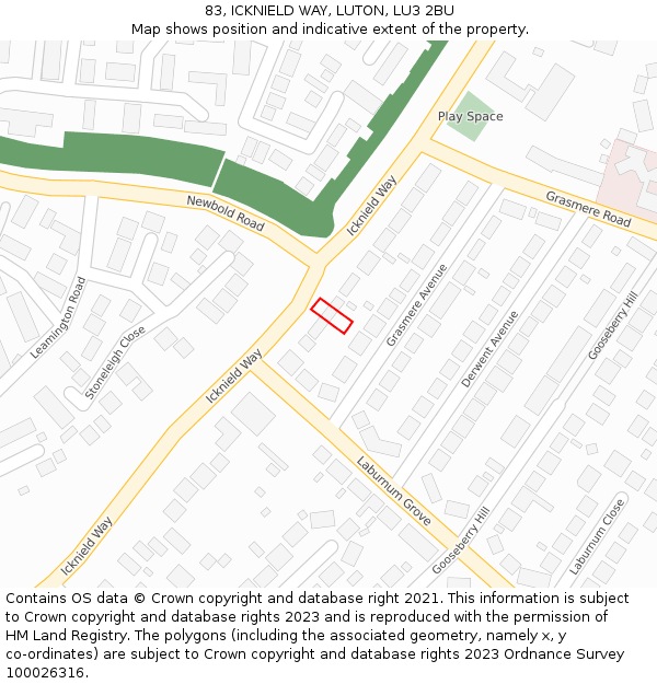 83, ICKNIELD WAY, LUTON, LU3 2BU: Location map and indicative extent of plot