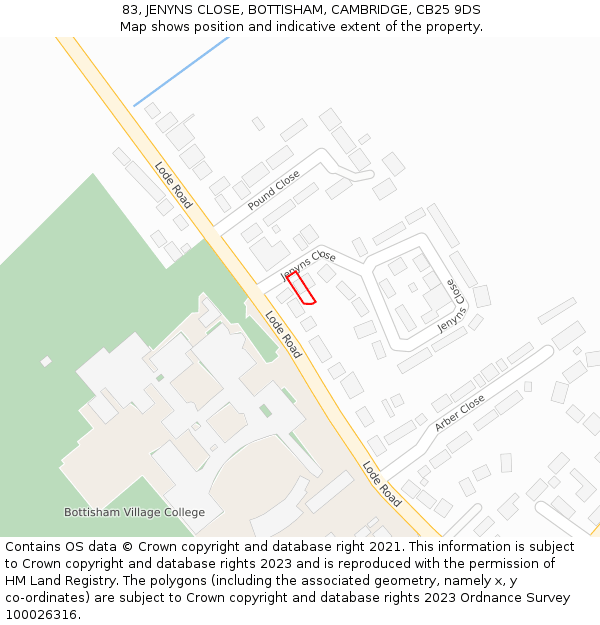 83, JENYNS CLOSE, BOTTISHAM, CAMBRIDGE, CB25 9DS: Location map and indicative extent of plot