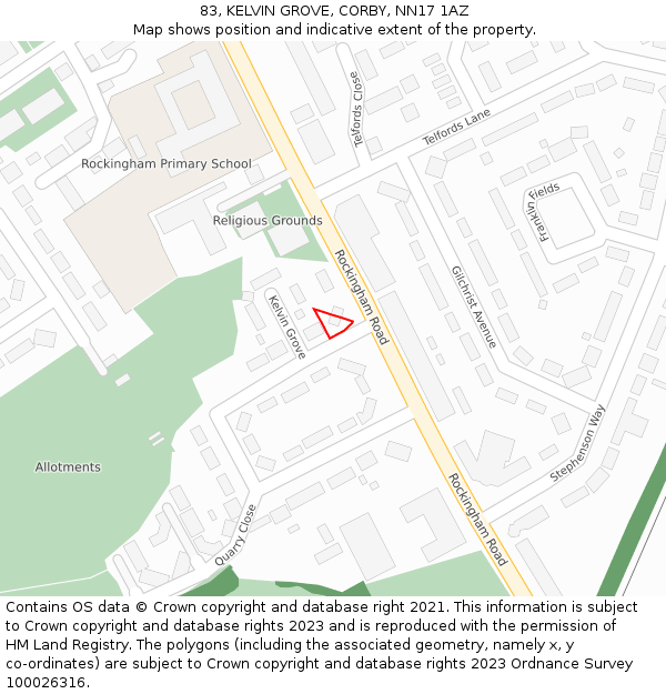 83, KELVIN GROVE, CORBY, NN17 1AZ: Location map and indicative extent of plot