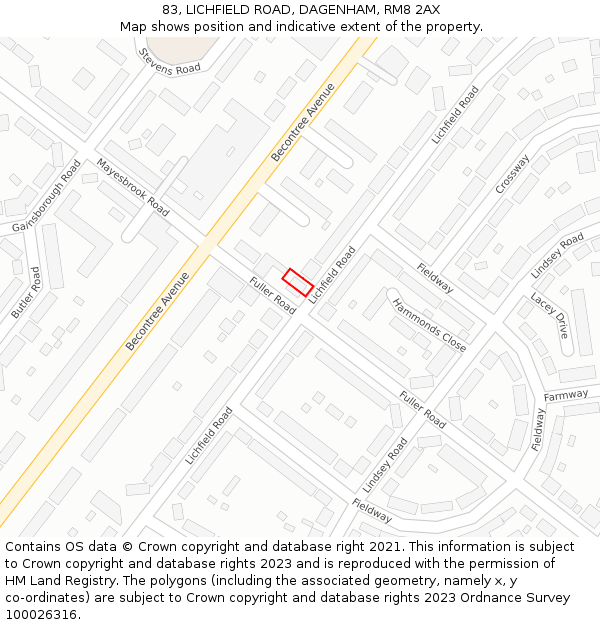 83, LICHFIELD ROAD, DAGENHAM, RM8 2AX: Location map and indicative extent of plot