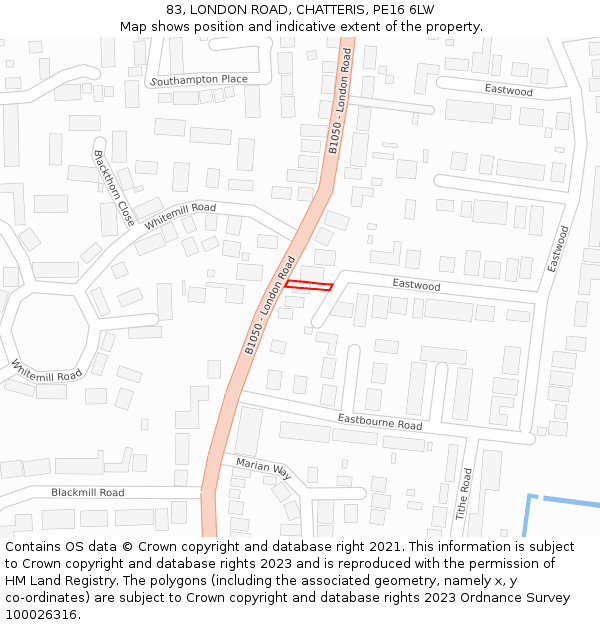 83, LONDON ROAD, CHATTERIS, PE16 6LW: Location map and indicative extent of plot