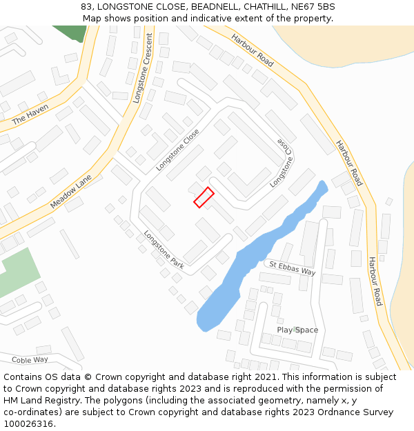 83, LONGSTONE CLOSE, BEADNELL, CHATHILL, NE67 5BS: Location map and indicative extent of plot