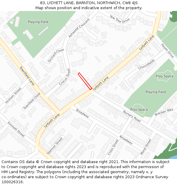 83, LYDYETT LANE, BARNTON, NORTHWICH, CW8 4JS: Location map and indicative extent of plot