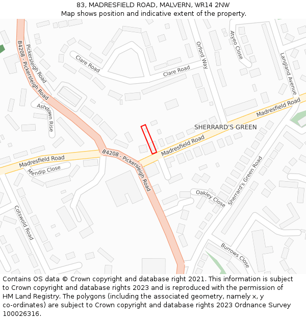 83, MADRESFIELD ROAD, MALVERN, WR14 2NW: Location map and indicative extent of plot