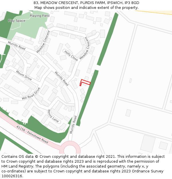 83, MEADOW CRESCENT, PURDIS FARM, IPSWICH, IP3 8GD: Location map and indicative extent of plot