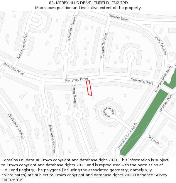 83, MERRYHILLS DRIVE, ENFIELD, EN2 7PD: Location map and indicative extent of plot