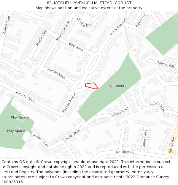 83, MITCHELL AVENUE, HALSTEAD, CO9 1DT: Location map and indicative extent of plot